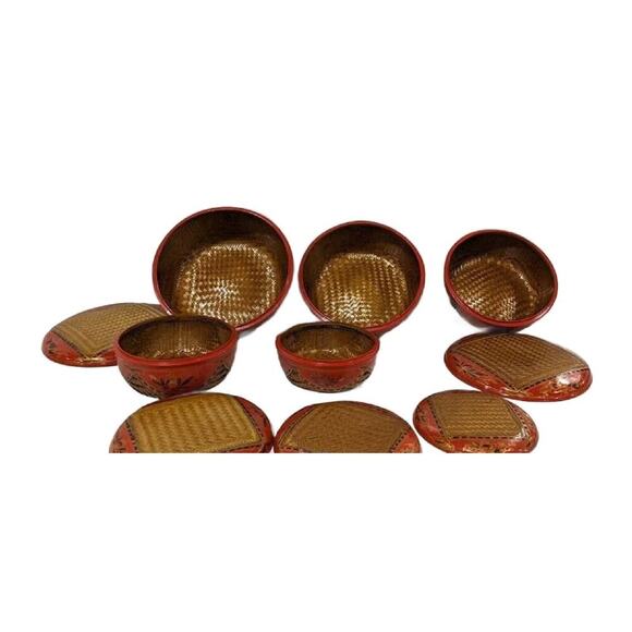 Vintage Burmese Lacquer & Woven Bamboo Monk Rice Bowls, Set of 9, 1930s - Picture 8 of 10